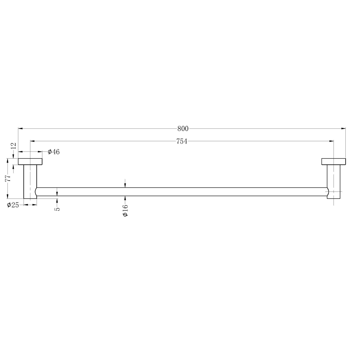 Technical Drawing: Nero Mecca Single Towel Rail 800mm Brushed Gold