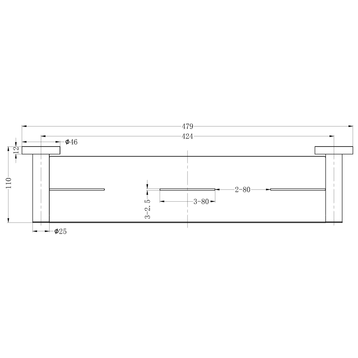 Technical Drawing: Nero Mecca Metal Shower Shelf Gun Metal