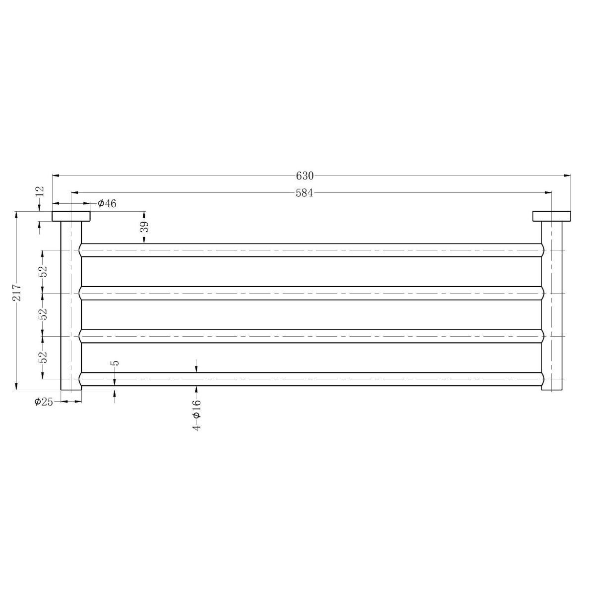 Technical Drawing: Nero Mecca Towel Rack Brushed Gold