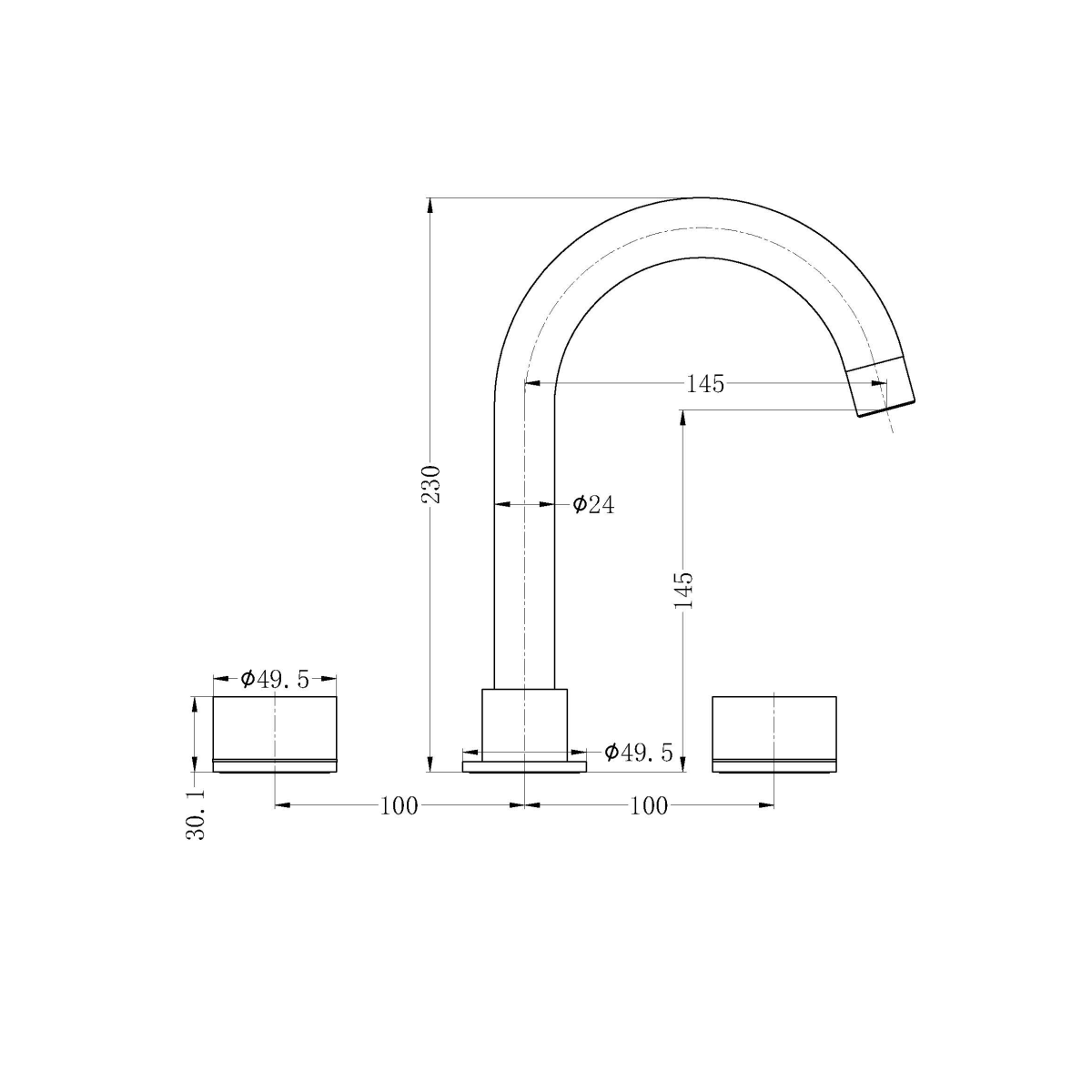 Technical Drawing: Nero Kara Hob Basin Set Chrome