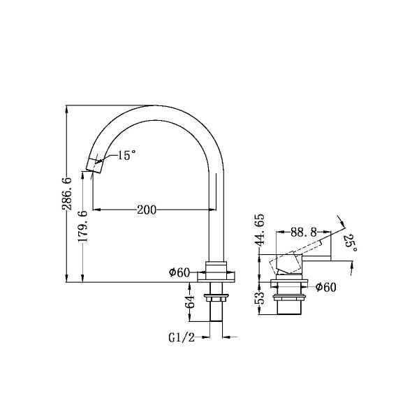Technical Drawing: Nero Mecca Hob Basin Mixer Round Spout Brushed Gold