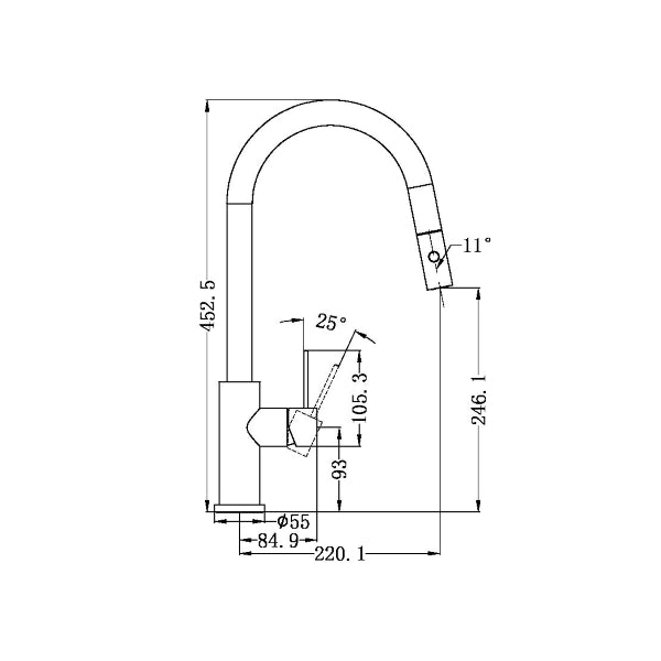 Technical Drawing: Nero Mecca Pull Out Sink Mixer With Vegie Spray Matte Black
