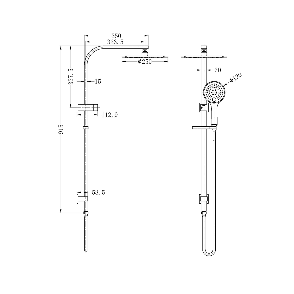 Mecca/Bianca Shower Set Round Head Technical Drawing - The Blue Space