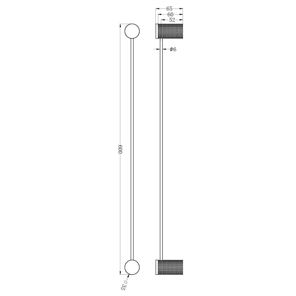 Technical Drawing: Nero Opal Single Towel Rail Brushed Gold 600mm