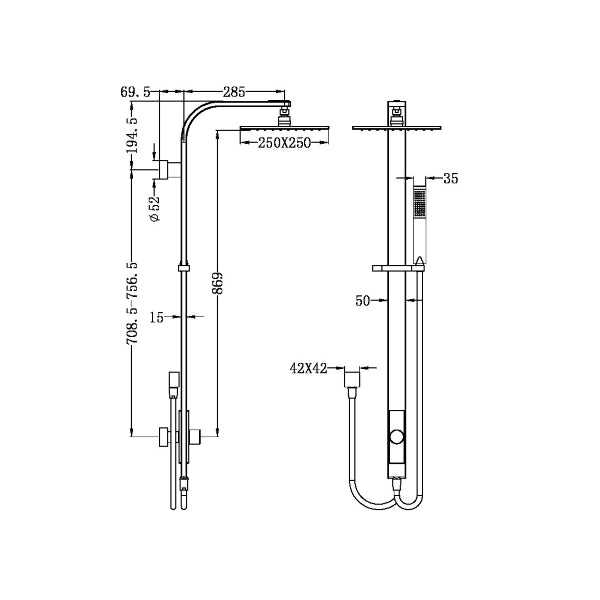 Technical Drawing: Nero Rain Square Shower Set Double Hose Chrome