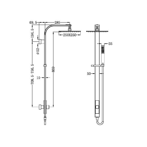 Technical Drawing: Nero Rain Square Shower Set Single Hose Matte Black