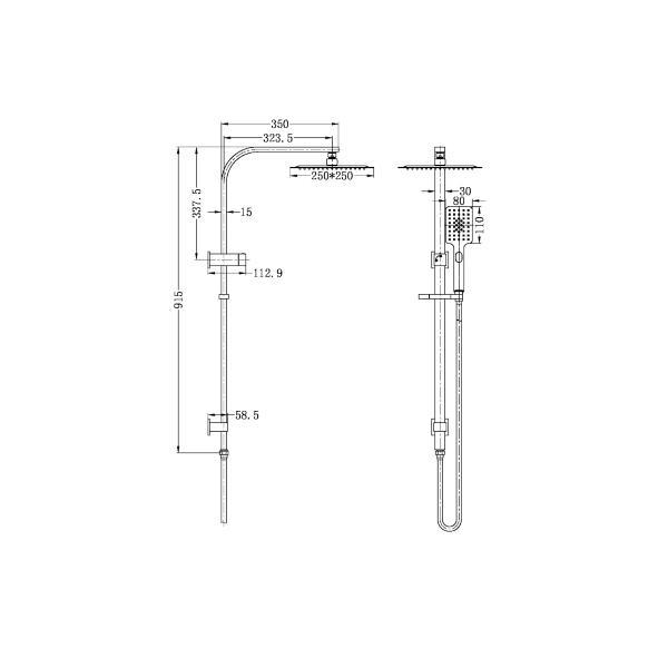 Technical Drawing: Nero Celia Square Shower Set Brushed Nickel