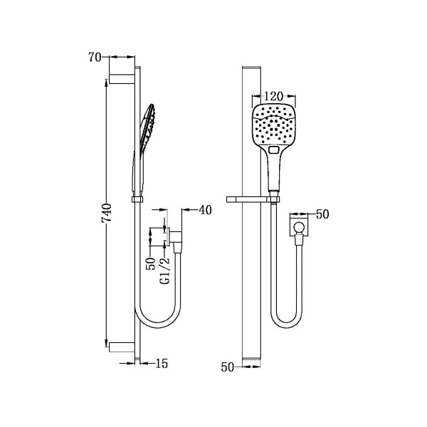 Technical Drawing: Nero Rain Square 3 Function Rail Shower Chrome