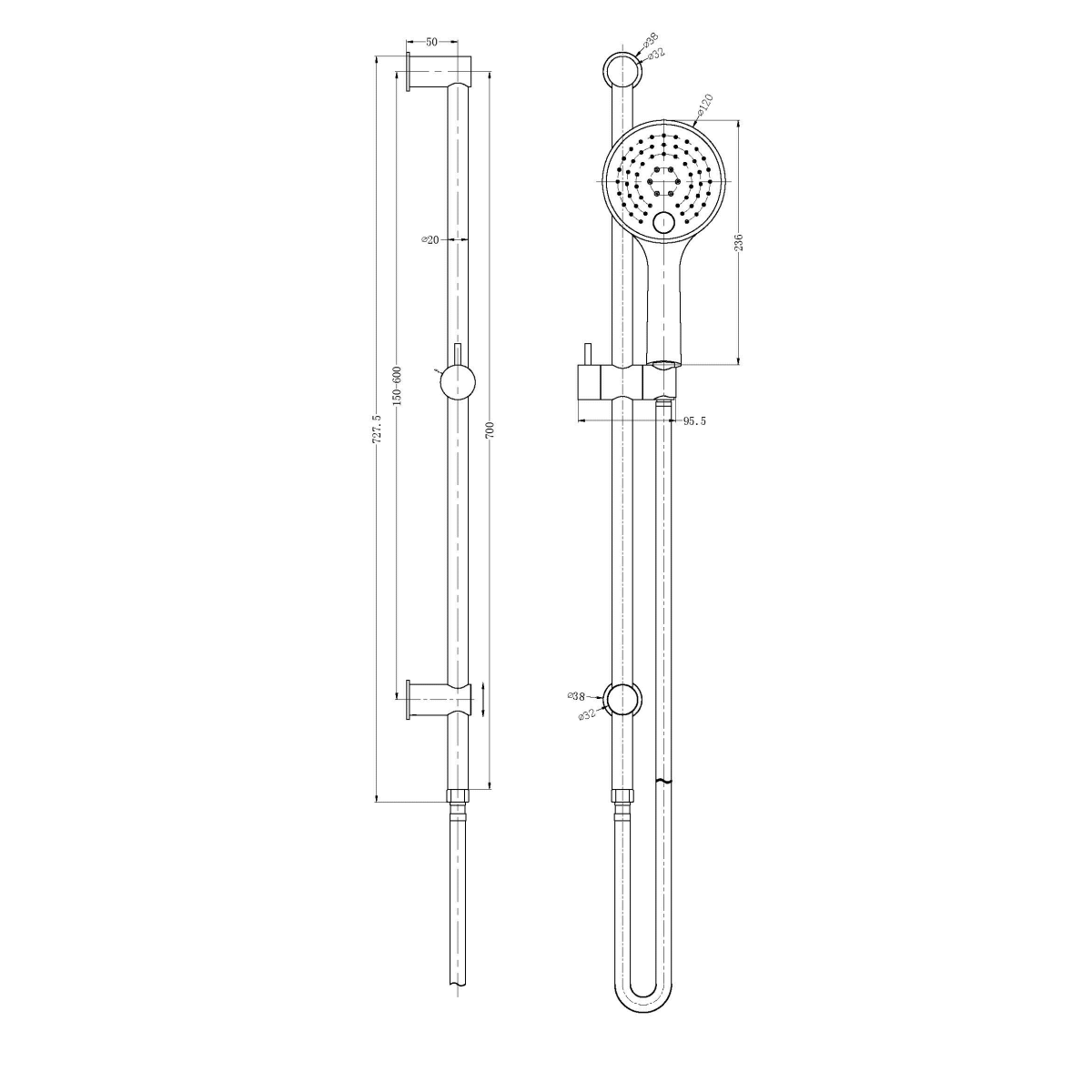 Technical Drawing: Nero Dolce 3 Function Rail Shower Matte Black