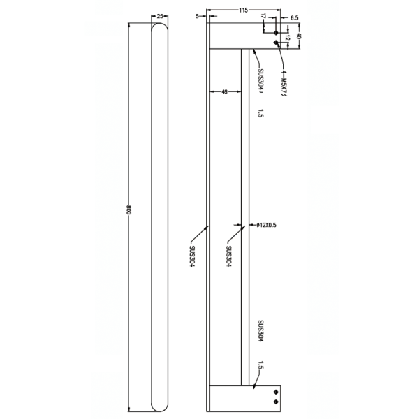 Technical Drawing: Nero Bianca Double Towel Rail 800mm Chrome