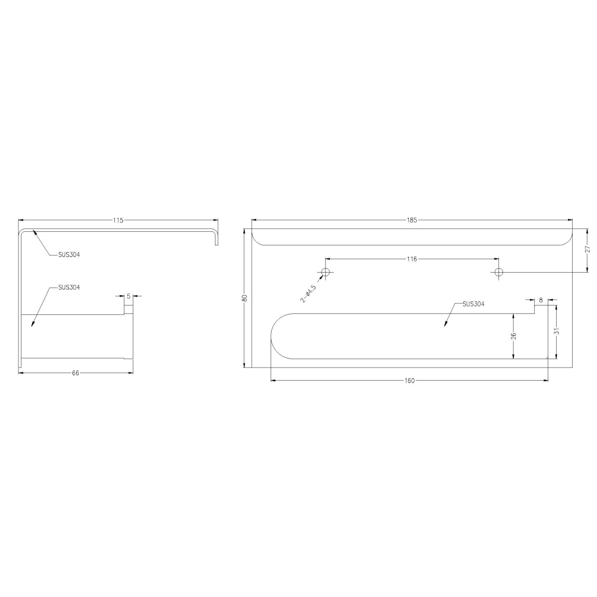 Technical Drawing: Nero Bianca Toilet Roll Holder with Shelf Brushed Nickel