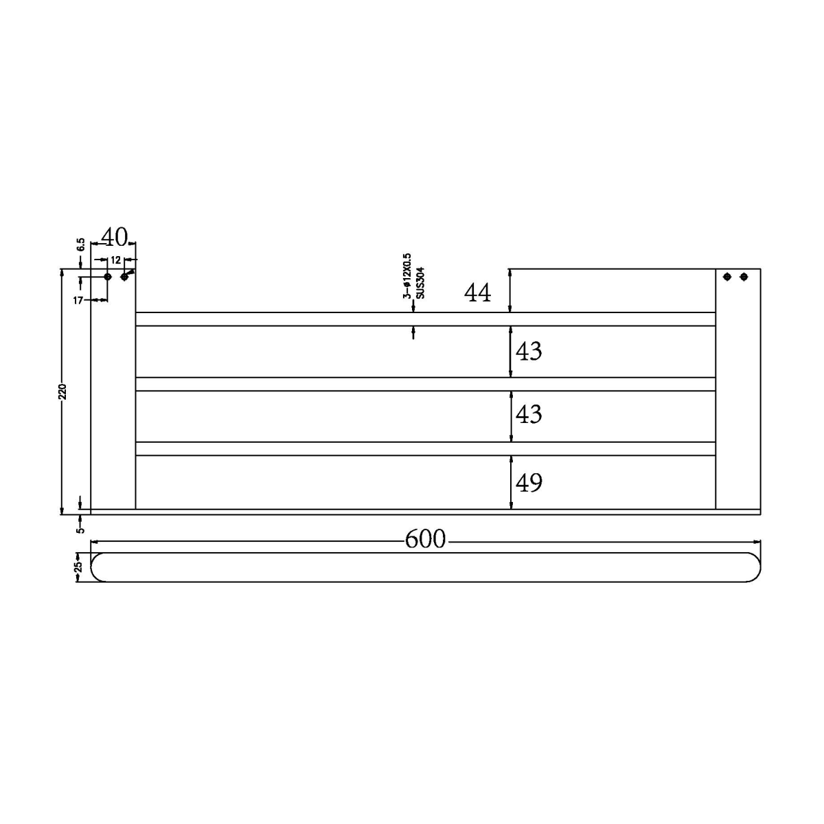 Technical Drawing: Nero Bianca Towel Rack Brushed Gold