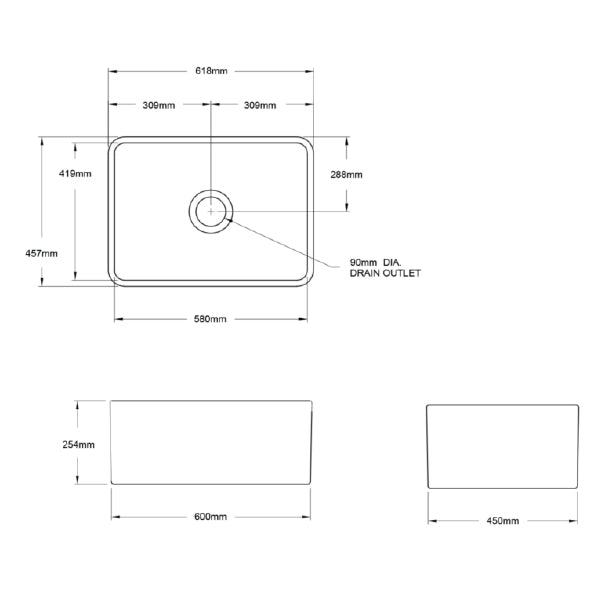 Turner Hastings Novi 600 Flat Front Fine Fireclay Butler Sink Technical Drawing
