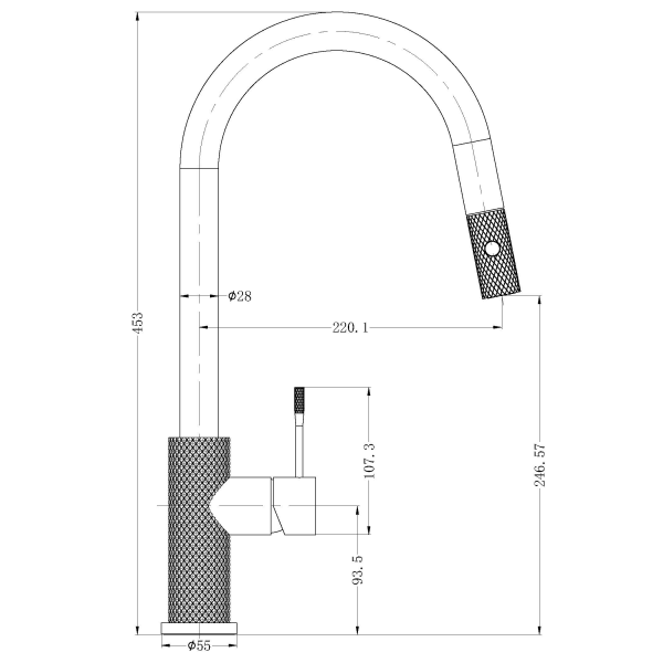 Technical Drawing: Nero Opal Pull Out Sink Mixer Gunmetal