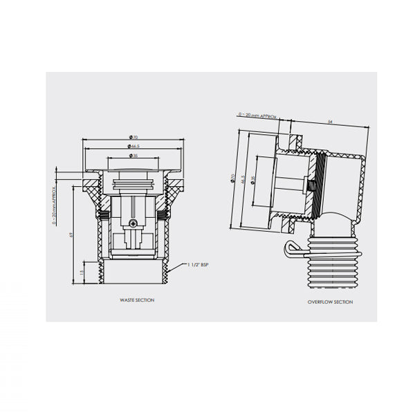 Technical Drawing - Decina Bath Pop-Down Overflow & Waste
