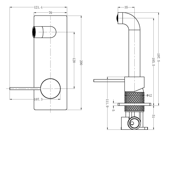 Technical Drawing: Nero Opal Wall Basin/Bath Mixer Brushed Nickel