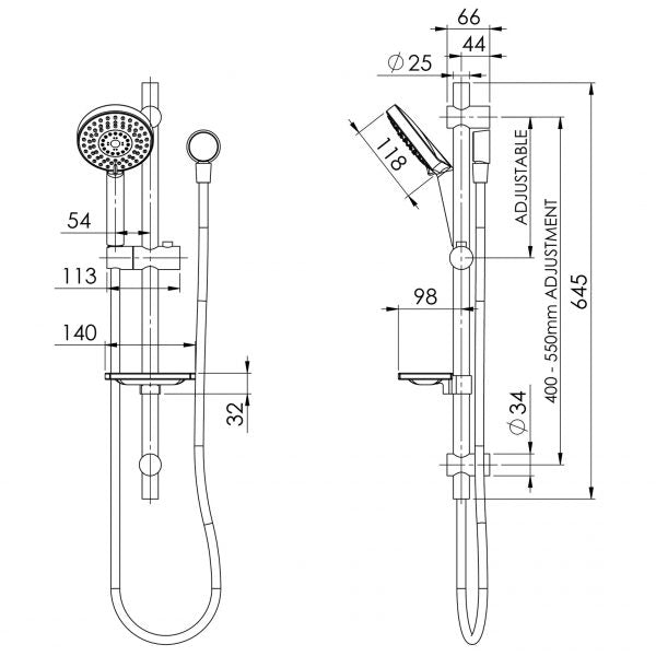 Phoenix Vivid Rail Shower Technical Drawing