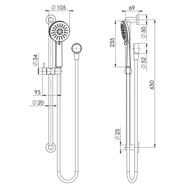 Phoenix Vivid Slimline Rail Shower Technical Drawing