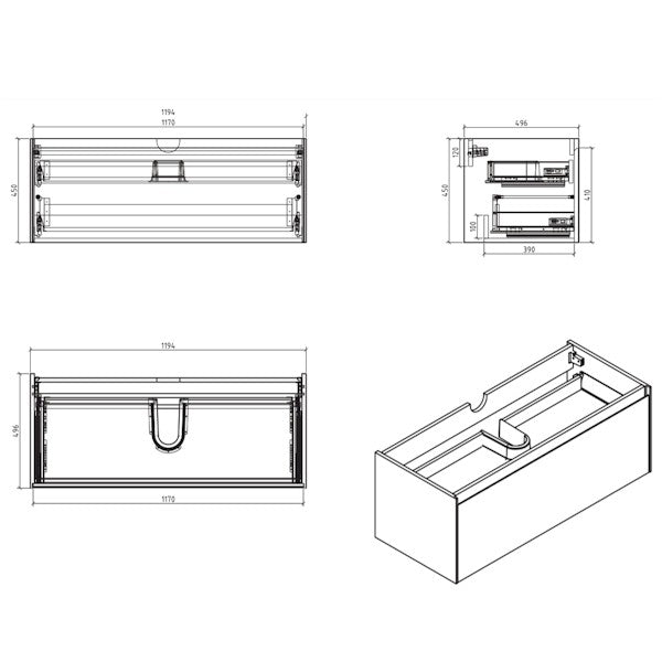 BelBagno Prado 1200mm Wall Hung Vanity Technical Drawing - The Blue Space