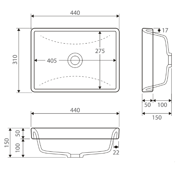 Technical Drawing - Fienza Sarah Semi-Inset Basin