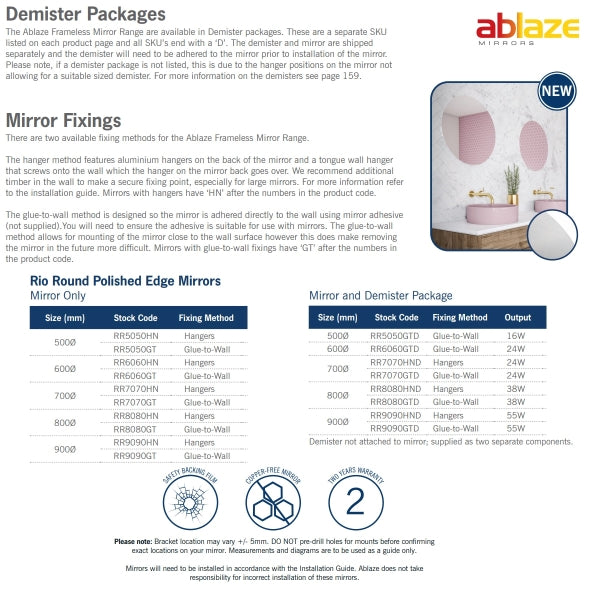 Product Features: Thermogroup Round Polished Edge Mirror 500mm - 900mm