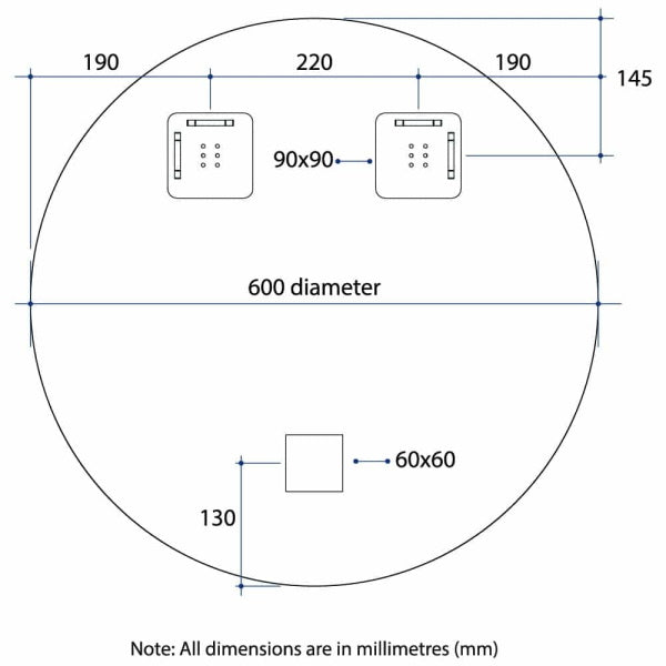 Technical Drawing: 600 Thermogroup Round Polished Edge Mirror