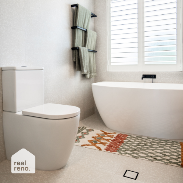 Fienza Keeto Back-to-wall Acrylic Bath Front View at The Blue Space Real Reno