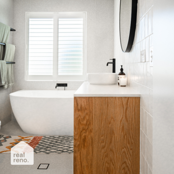 Fienza Keeto Back-to-wall Acrylic Bath Front View at The Blue Space Real Reno