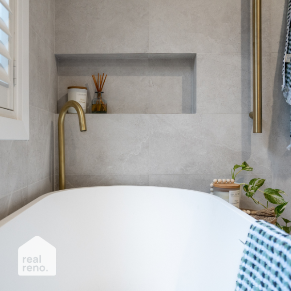 Fienza Nero 1400mm Matte White Stone Bath at The Blue Space Real Reno