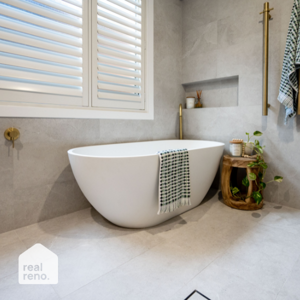 Fienza Nero 1400mm Matte White Stone Bath at The Blue Space Real Reno