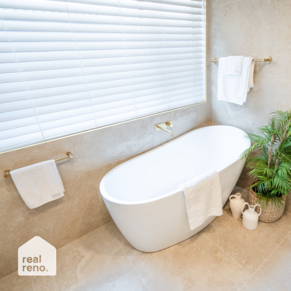 Phoenix Radii Single Towel Rail Round Plate 600mm - Brushed Gold at The Blue Space Real Reno