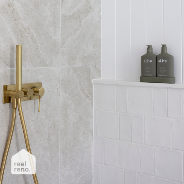 Phoenix Vivid Slimline Wall Shower System - Brushed Gold | Real Reno