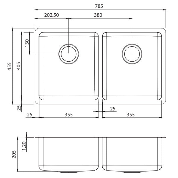 Oliveri Sonetto double bowl universal sink NTH Technical Drawing - The Blue Space