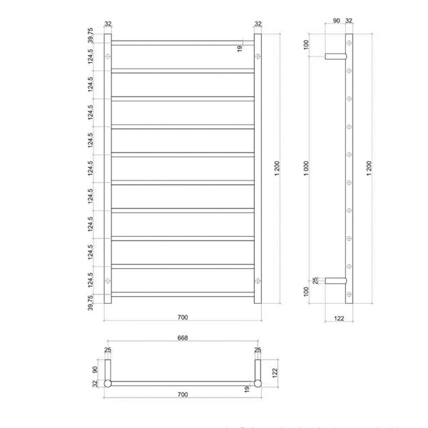 Thermogroup 10 Bar Thermorail Heated Towel Ladder 700 x 1200 x 122 Brushed Stainless Steel Technical Drawing - The Blue Space