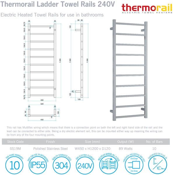 Technical Specification: Thermorail 10 Bar Square Heated Rail 450w x 1200h - Polished SS