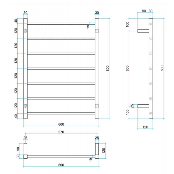 Thermogroup Straight Square Ladder Heated Towel Rail Technical Drawing - The Blue Space