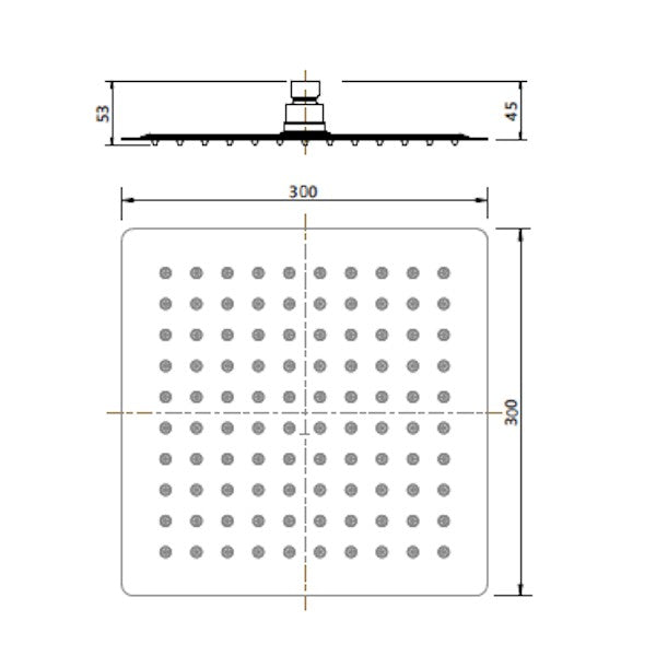 Technical Drawing: Square Rain Shower Head Stainless Steel 300 x 300mm Black