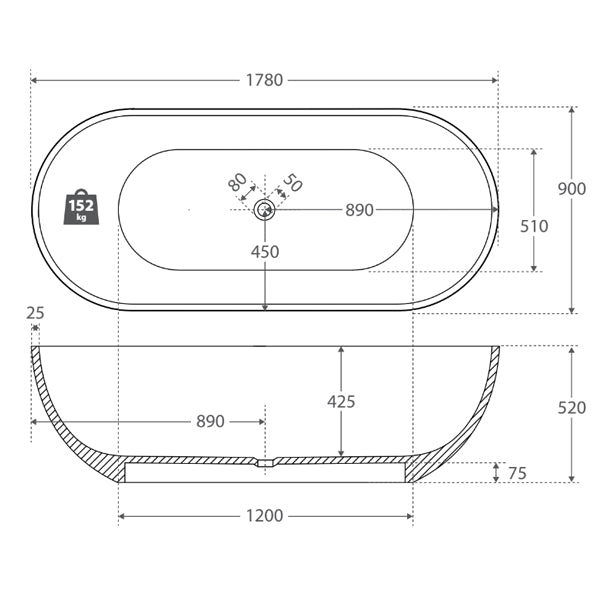 Technical Drawing - Fienza Nero 1780mm Matte White Stone Bath