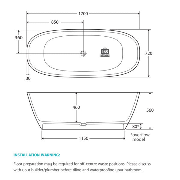 Technical Drawing - Fienza Marissa Matte White Stone Freestanding Bath