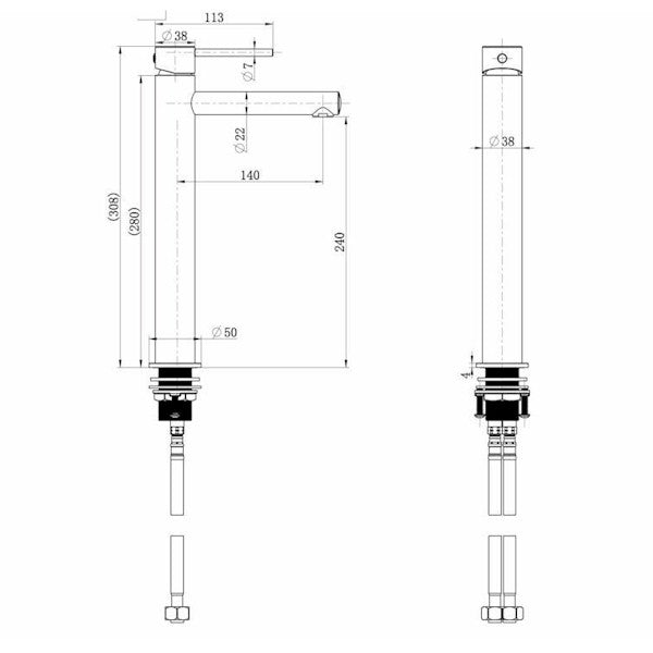 Technical Drawing: Star Mini High Rise Basin Mixer Matt Black