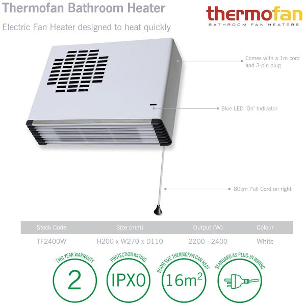Product Specifications: Thermofan Bathroom Heater - White