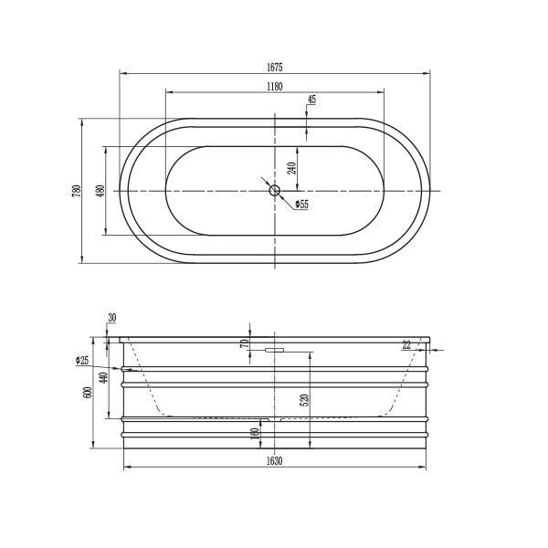 BelBagno Bucciano 1675mm Freestanding Bath Stone Grey Technical Drawing - The Blue Space