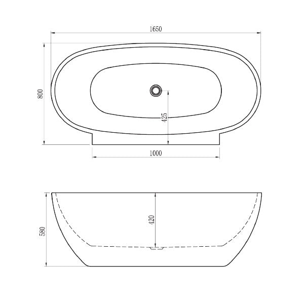 BelBagno Palermo Back to Wall Freestanding Bath 1650x800x580 Technical Drawing - The Blue Space