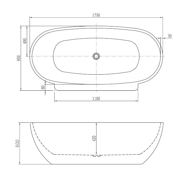 BelBagno Palermo Back to Wall Freestanding Bath 1750x850x600 Technical Drawing - The Blue Space