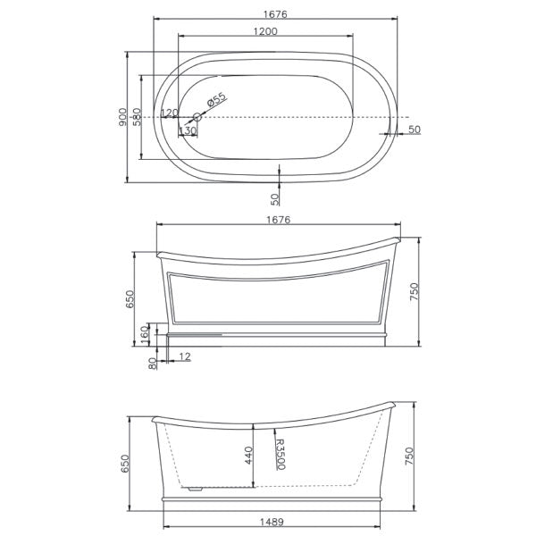 BelBagno Ritz Free Standing Bath 1676mm Matte Grey Technical Drawing - The Blue Space