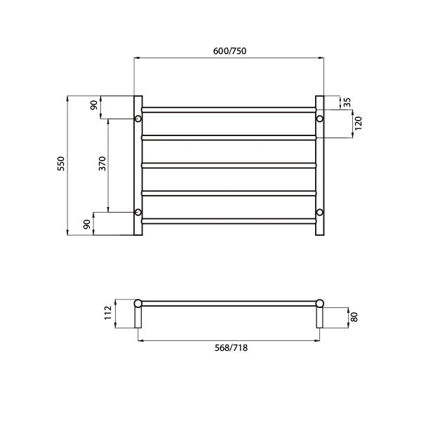 Radiant Round 5 Bar Non Heated Rail Technical Drawing - The Blue Space