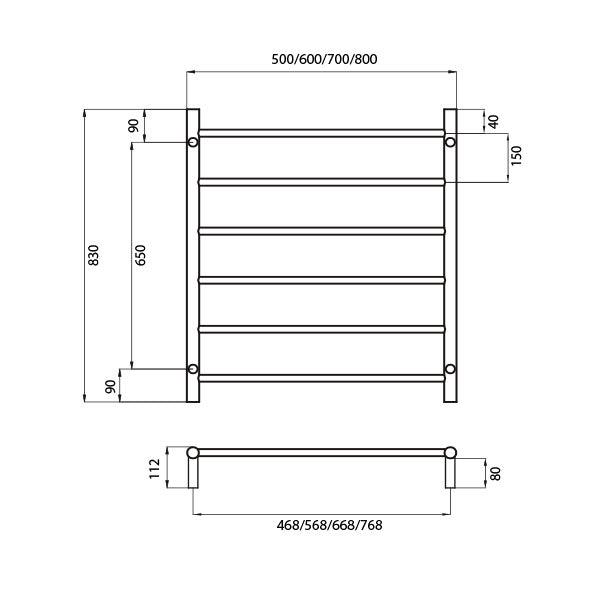 Radiant Round 6 Bar Non Heated Rail 700mmx830mm Technical Drawing - The Blue Space