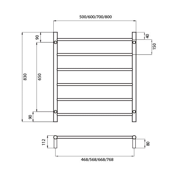 Radiant Round 6 Bar Non-Heated Rail 700mmx830mm Technical Drawing - The Blue Space