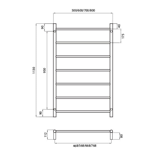 Radiant Round 7 Bar Non-Heated Rail 600mmx1130mm Technical Drawing - The Blue Space