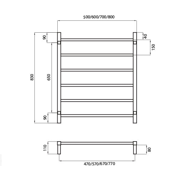 Radiant Square 6 bar Non-Heated Rail 800mmx830mm Technical Drawing - The Blue Space